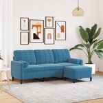 vidaXL Canapé à 3 places avec repose-pieds Bleu 180 cm Velours