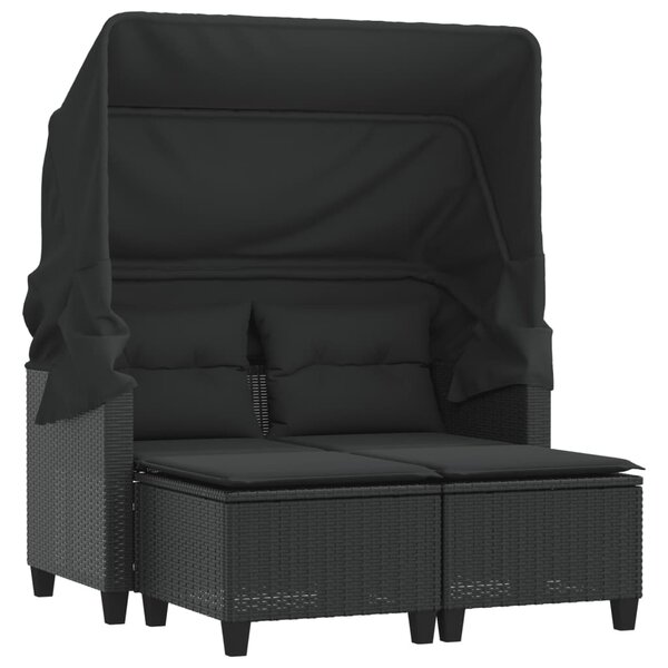 vidaXL Canapé de jardin 2 places avec auvent et tabourets noir rotin
