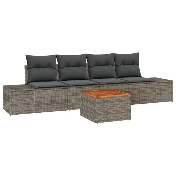 vidaXL Canapé de jardin 5 pièces avec coussins Gris Poly Rattan Acacia