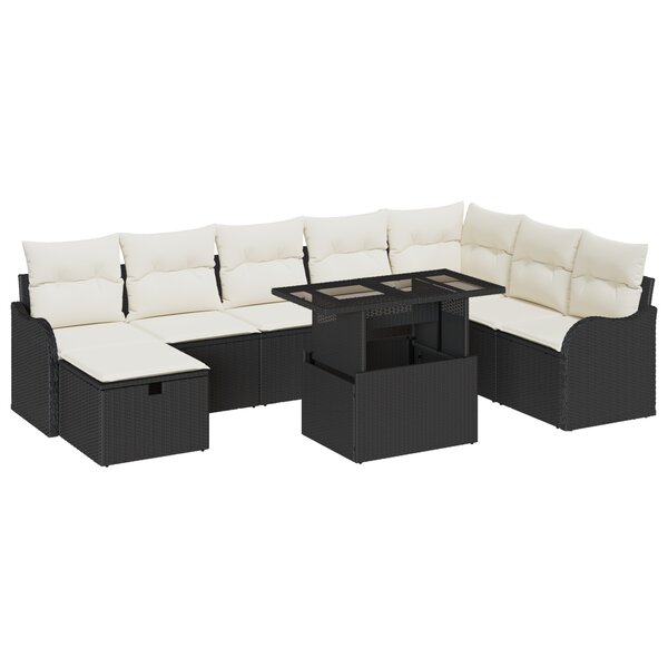 Ensemble de Canapés de Jardin 9 Pièces avec Coussins Noir Poly Rattan