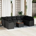 vidaXL Set de Canapés de Jardin 10 Pièces avec Coussins Noir en Rattan Poly Acacia