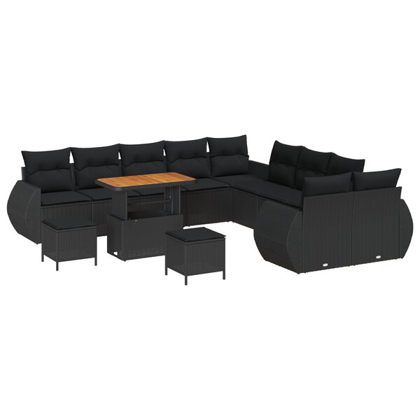 Ensemble de Canapé de Jardin 13 Pièces avec Coussins Noir Rattan Poly Acacia