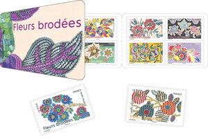 Carnet de 12 timbres - Fleurs brodées - Lettre verte