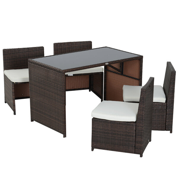 Ensemble salon de jardin encastrable 4 chaises monoblocs avec coussins déhoussables et table résine tressée chocolat