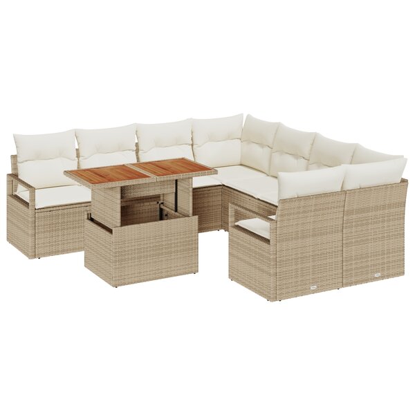 Ensemble de Canapé de Jardin de 9 Pièces avec Coussins Beige Rattan Poly Acacia