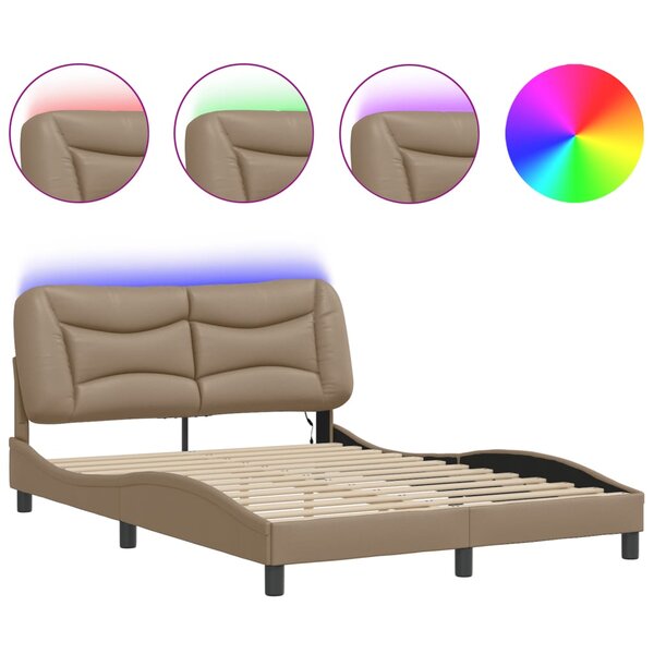 vidaXL Cadre de lit avec lumières LED cappuccino 140x190 cm similicuir