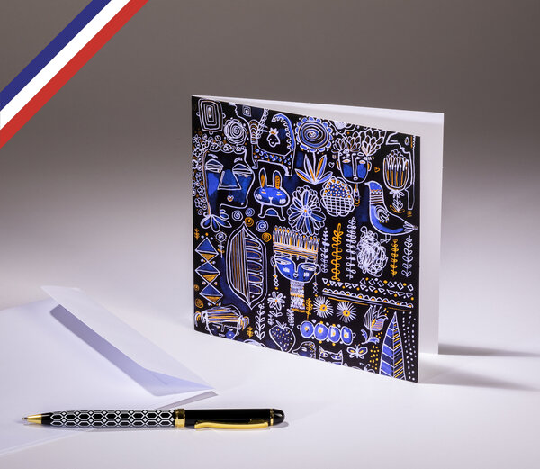 Carte double in the garden créée et imprimée en france sur papier certifié pefc - visages et fleurs - bleu  noir et or