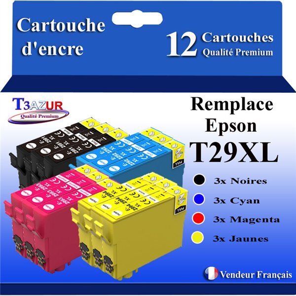 T3AZUR - 12x Cartouches compatibles avec Epson Expression Home XP-235  XP-245  XP-247  XP-255  XP-257  T29XL