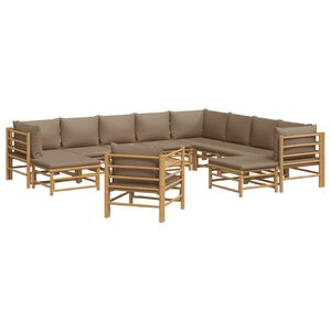 Salon de jardin meuble d'extérieur ensemble de mobilier 12 pièces avec coussins taupe bambou 02_0015673