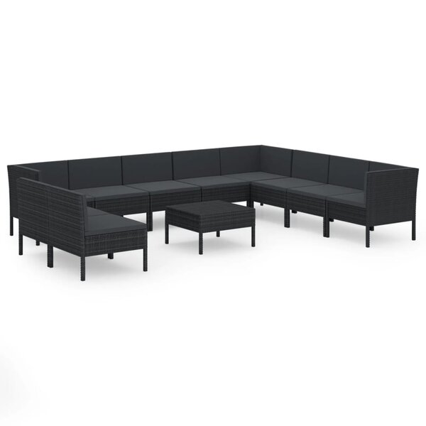 Salon de jardin meuble d'extérieur ensemble de mobilier 11 pièces avec coussins résine tressée noir 02_0015454