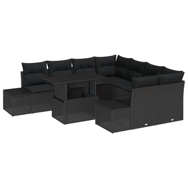 vidaXL Ensemble de canapé de jardin 9 pièces avec coussins en poly rattan noir