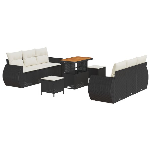 Ensemble de 9 Canapés de Jardin avec Coussins Noir Rattan Poly Acacia
