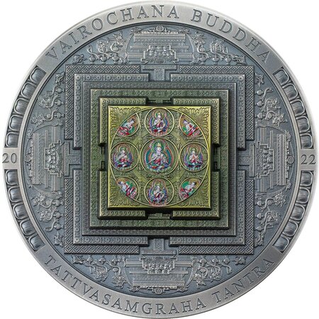 VAIROCHANA BUDDHA MANDALA Colorized Archeology Symbolism Antiqued 3 Once Argent Monnaie 2000 Togrog Mongolia 2022