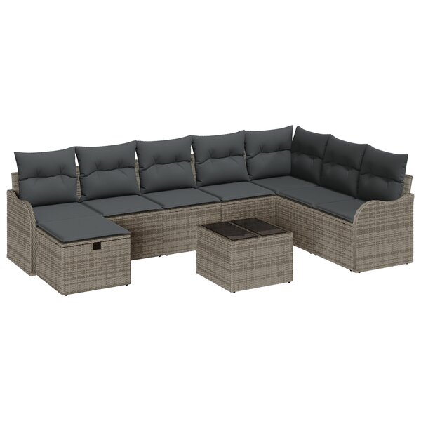 Ensemble de canapé de jardin à 9 pièces avec coussins en poly rattan gris