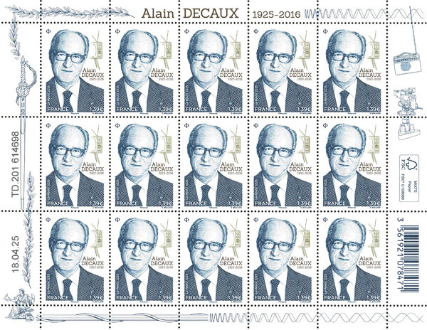 Feuille de 15 timbres - Alain Decaux (1925-2016) - Lettre verte
