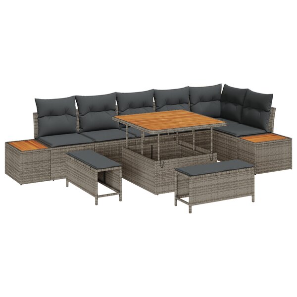 Ensemble de canapés de jardin 9 pièces avec coussins gris poly rattan acacia