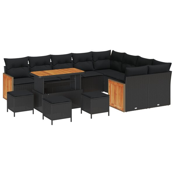 Set de canapé de jardin 13 pièces vidaXL avec coussins noir rotin poly acacia