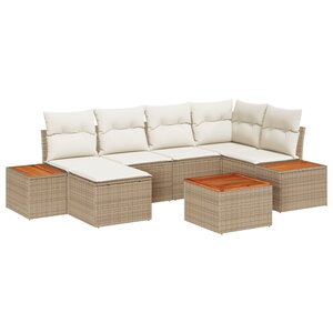 vidaXL Ensemble de canapé de jardin 7 pièces avec coussins beige Poly Rattan Acacia