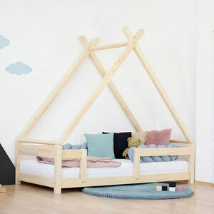 Lit Tipi enfant avec barrière bois massif naturel 120 x 200 cm