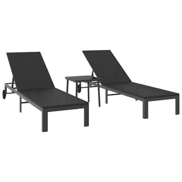 vidaXL Chaises longues 2 Pièces avec roues et table Noir Poly Rattan
