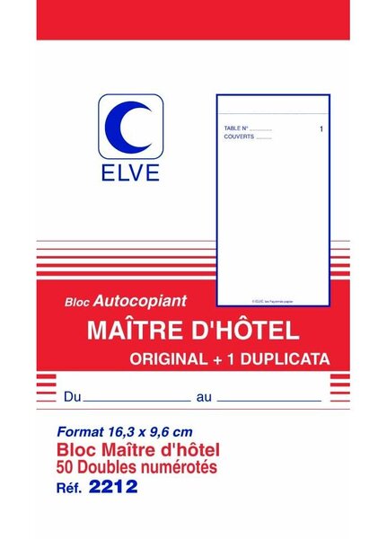 Bloc Autcopiant MAITRE D'HOTEL 165 x 96 mm 50 Feuillets Dupli ELVE