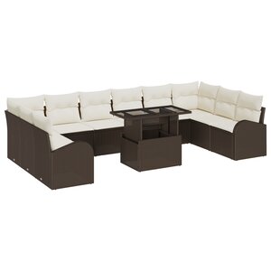 Ensemble de canapé de jardin 11 pièces avec coussins marron poly rattan