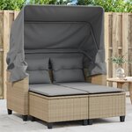 vidaXL Canapé de jardin 2 places avec auvent et tabourets beige rotin