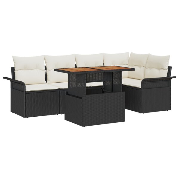 vidaXL Ensemble de salle à manger de jardin de 6 pièces avec coussins Noir Poly Rattan Acacia