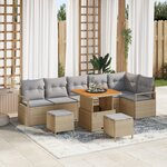 Ensemble de Canapé de Jardin 9 Pièces avec Coussins Beige Poly Rattan Acacia