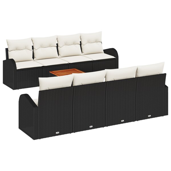 Ensemble de Canapé de Jardin 9 Pièces avec Coussins Noir Poly Rattan Acacia