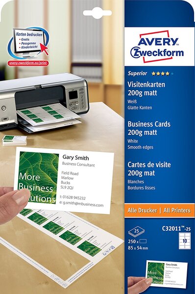 Pochette de 250 cartes de visite 85x54mm 200g avery zweckform