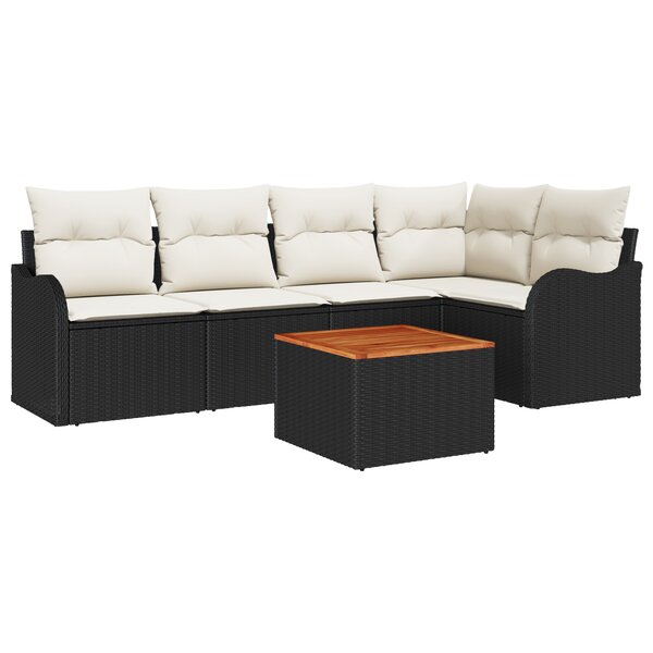 Ensemble de Canapés de Jardin 6 Pièces avec Coussins Noir Poly Rattan Acacia