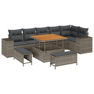 Ensemble de canapé de jardin 9 pièces avec coussins gris poly rattan acacia