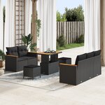 Ensemble de canapé de jardin 8 pièces avec coussins noir poly rotin acacia