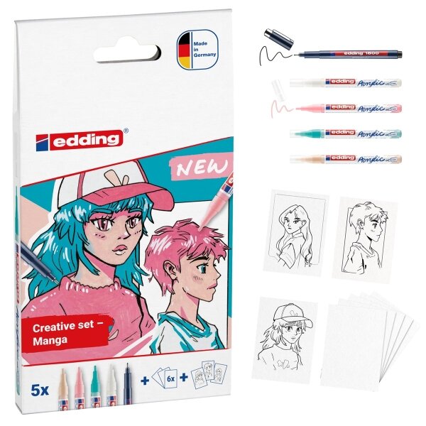 Edding Acrylique Manga Set Pack de 4 Feutres 5300 + 1 Feutre 1800 + 6 Cartes Vierges + 3 Gabarits + 1 Livret avec Instructions - Couleurs Assorties