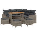 Ensemble de Canapé de Jardin 9 Pièces avec Coussins Gris Poly Rattan Acacia