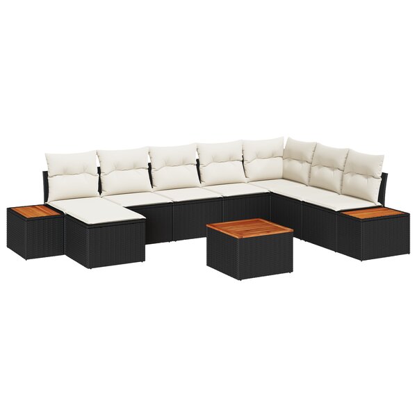 Canapé de Jardin 9 Pièces avec Coussins Rattan Noir Acacia