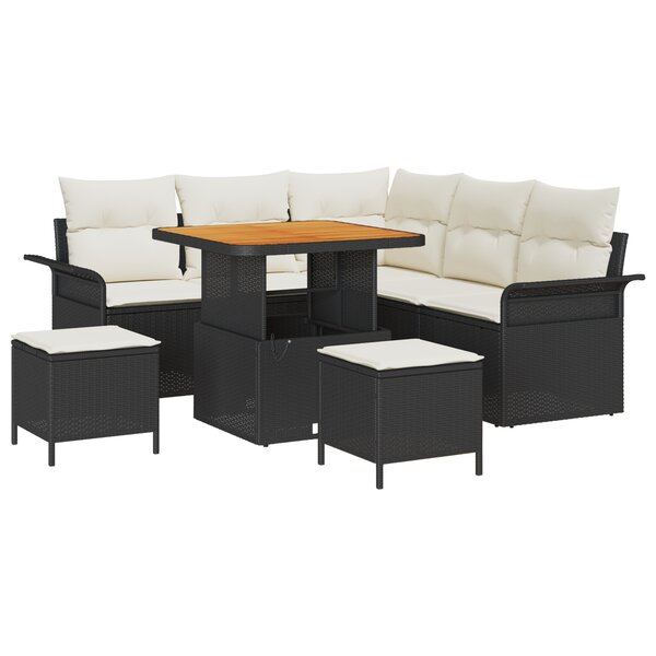 Ensemble de Canapés de Jardin 8 Pièces avec Coussins Noir Poly Rotin Acacia