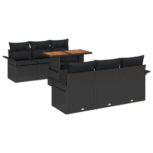 Ensemble de canapé de jardin 7 pièces avec coussins noir poly rattan