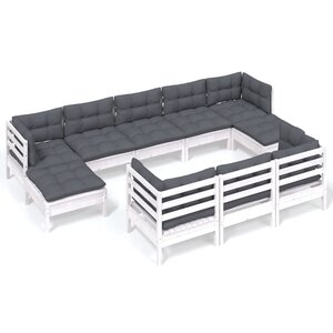 vidaXL Salon de jardin 10 Pièces avec coussins blanc bois de pin massif