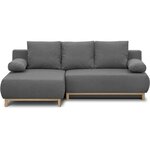 Canapé d'angle gauche convertible MIKA 3 places - Tissu gris clair - Coffre de rangement - 218 x 98/145 x 84 cm
