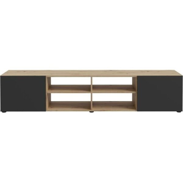 Meuble TV PILVI- chêne et noir - 2 Portes + 4 niches - 180 x 42 x 37 cm