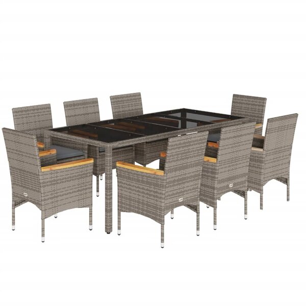 vidaXL Ensemble à manger de jardin et coussins 9 Pièces gris rotin verre