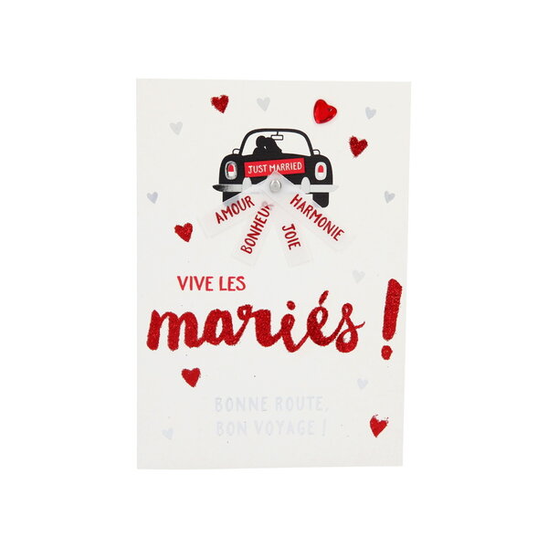 Carte de voeux paillettes - mariage - just married  bonne route  bon voyage !