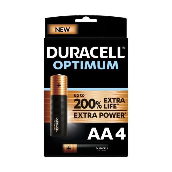 Duracell - Piles alcalines AA Optimum, 1.5 V LR6, paquet de 4