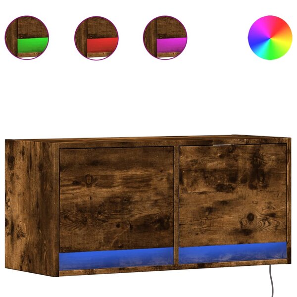 vidaXL Meuble TV mural avec lumières LED chêne fumé 80x31x35 cm