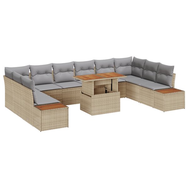 vidaXL Ensemble de repas jardin 11 pièces avec coussins Beige Poly Rattan Acacia