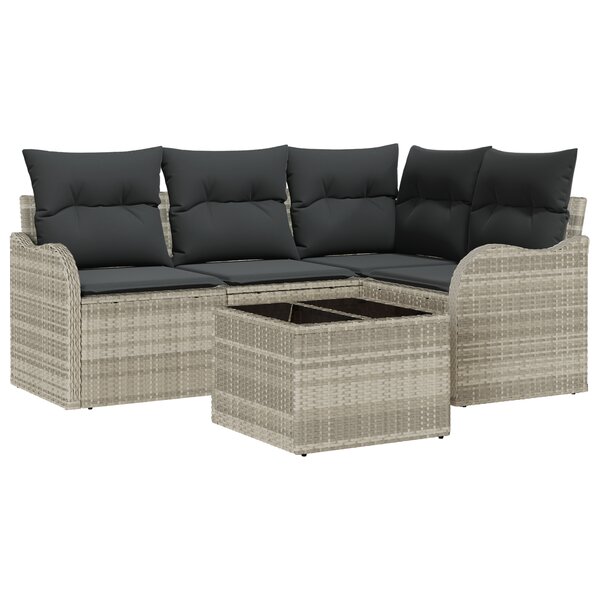 Canapé de jardin 5 pièces avec coussins en poly rotin gris
