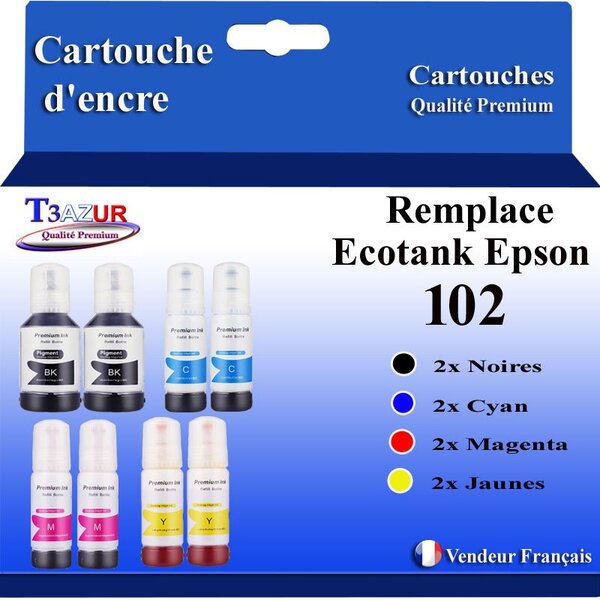 T3AZUR - 8x Recharges compatibles avec Epson EcoTank ET-15000  ET-2700  ET-2750  ET-2751  102