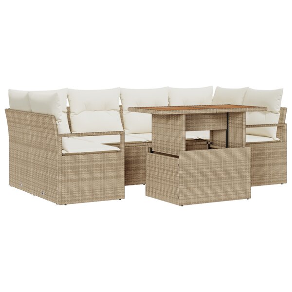 Ensemble de jardin 7 pièces avec coussins beige poly rotin acacia